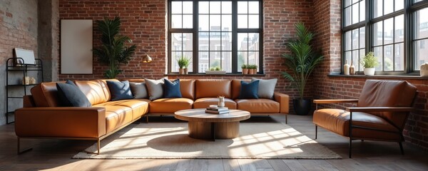 This modern loft living room has brick walls, large windows. Brown leather sectional sofa, armchair create cozy seating area with round wooden coffee table. Rich green plants add touch of nature.