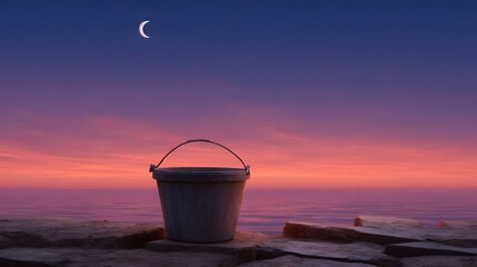 A weathered bucket rests on a rocky shore during a vibrant twilight sunset with a crescent moon above the sea