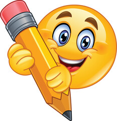 Happy Emoji Emoticon Holding a Big Yellow Pencil with Both Hands