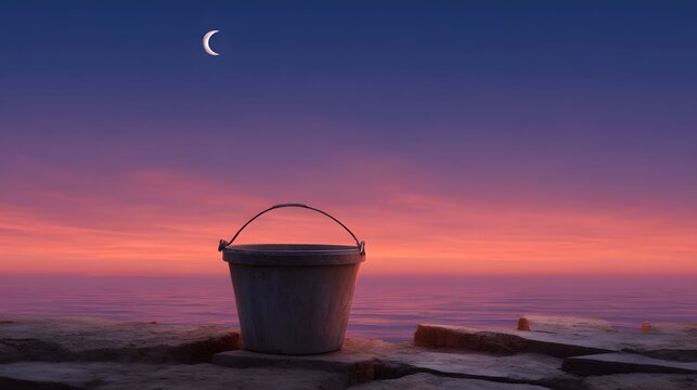 A weathered bucket rests on a rocky shore during a vibrant twilight sunset with a crescent moon above the sea