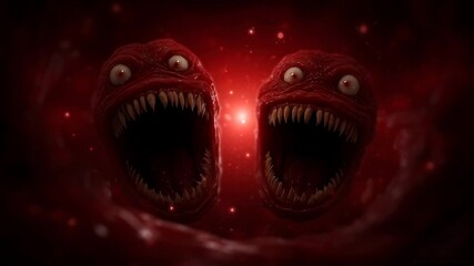 Two red, monstrous creatures with sharp teeth and wide eyes face each other in an eerie dark realm. Their menacing expressions light up the surroundings as they prepare for an intense clash