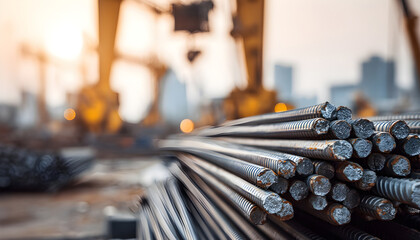 A bundle of steel rebar rods stacked on a construction site with a crane in the background.