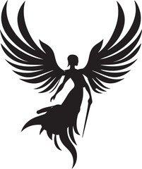 A black silhouette of an angel warrior with large wings, wielding a weapon and wearing a flowing gown.