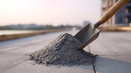 A pile of grey cement powder on a shovel at a construction site bathed in soft dawn light