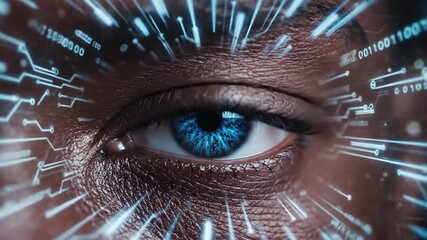 Closeup of a human eye with glowing blue digital circuit patterns, representing technology and data - Powered by Adobe