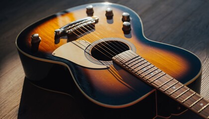 Fototapeta premium Close-up of sunburst electric acoustic guitar lying on wooden floor in natural light