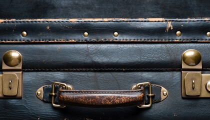 Close-up of vintage worn leather suitcase with metal locks and handle