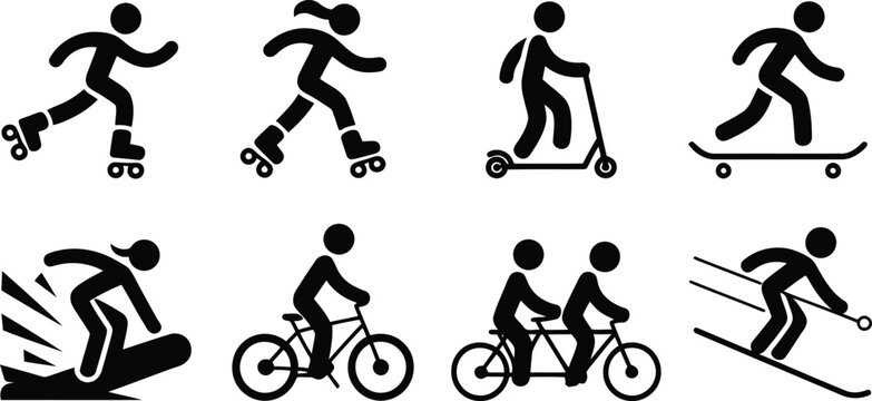 Various black silhouette icons illustrating people engaging in active outdoor sports and recreational pursuits
