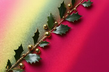 Holly branch decorated with gold beads on a bright pink and yellow gradient background with copy space.