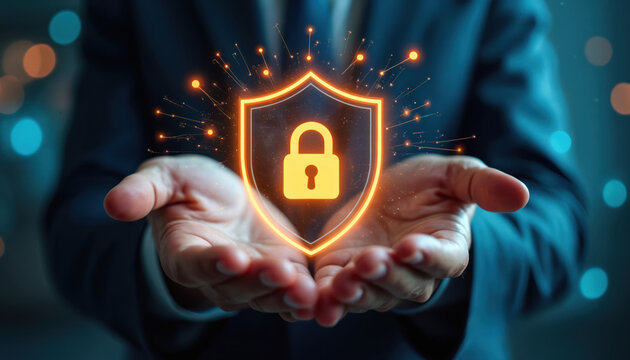 Man hands hold glowing digital shield with padlock symbol offering network security and data protection. Cyber defense, safe online access, and privacy concept.