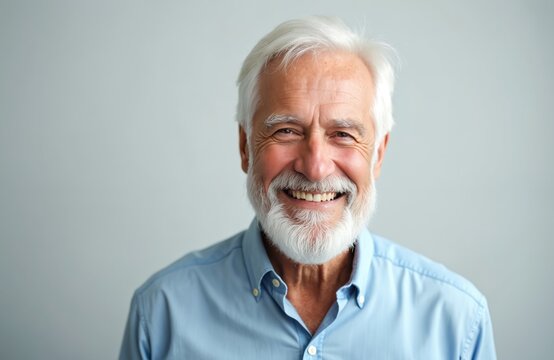 Happy senior man portrait in studio. Smiling elderly male with white hair and beard. Cheerful old person in blue shirt looking at camera. Confident mature adult. Positive face expression.