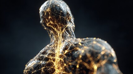 Futuristic human form with glowing light network, representing innovation, connectivity and advanced technology concepts, modern and bold design