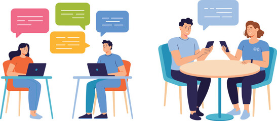Modern Digital Communication Vector Illustration Set Featuring People Working on Laptops and Chatting on Smartphones with Colorful Speech Bubbles.