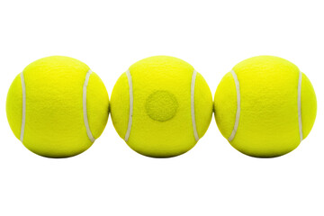 Three bright yellow tennis balls arranged in a horizontal row isolated on a transparent background