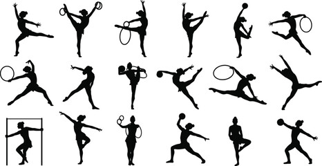Rhythmic Gymnastics Female Athlete Silhouette Set, Black Vector Collection of Women Performing Acrobatics with Ball and Hoop for Sport and Fitness Design © LITON WORLD
