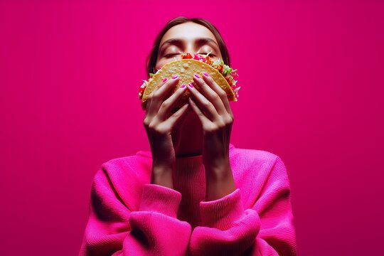 A woman in a vibrant pink sweater delights in holding a taco against a bold pink background, emphasizing fun and flavor. - Powered by Adobe