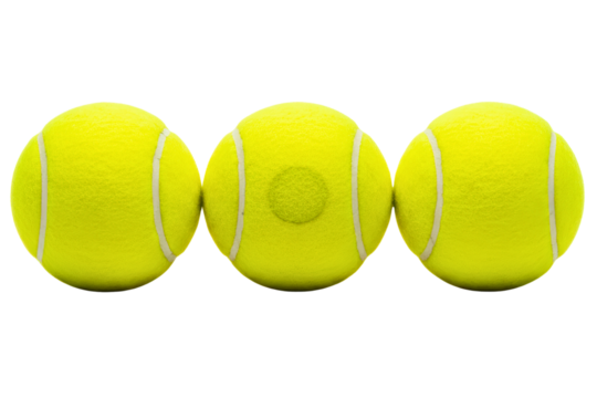 Three bright yellow tennis balls arranged in a horizontal row isolated on a transparent background