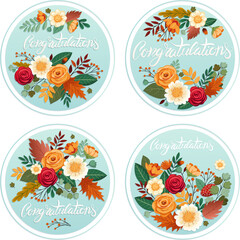 Four hand-drawn greeting card designs. Greeting stickers featuring a bouquet on a blue background.