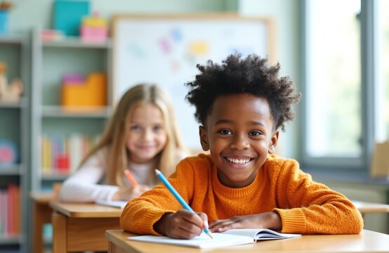 Happy elementary school students writing at desks during class. Boy smiles at camera. Blonde girl is in background. Children in the classroom study and learn together.