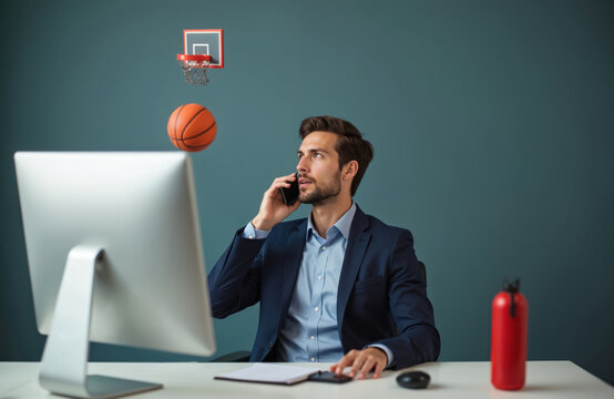 Young businessman sits at modern desk in office. Talks on mobile phone, multitasking work schedule. Basketball, mini hoop visible, work life balance, active breaks, stress relief. Manages business - Powered by Adobe