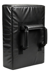 Back view of black martial arts kicking shield with sturdy handles isolated on a transparent background