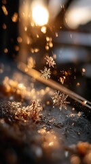 Macro photograph capturing delicate snowflakes glistening in warm, golden light, creating a magical and intricate winter scene.