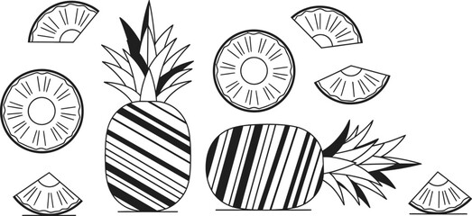 Pineapple fruit and slices flat vector illustration