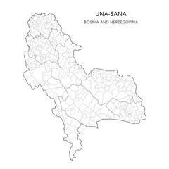 Vector Map of Una-Sana Canton (Unsko-Sanski Kanton, Unsko-Sanska Županija) with Settlements (Naselja), and Cities and Municipalities (Gradovi i Opštine, Gradovi i Općine) - FBiH, Bosnia and Herzegovin