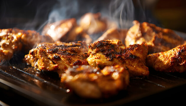 Chicken meat, marinated with spices, is grilled on a flat, non-stick pan. The spices sizzle, releasing a delicious aroma. Close-up shot shows the chicken browning perfectly on the grill.