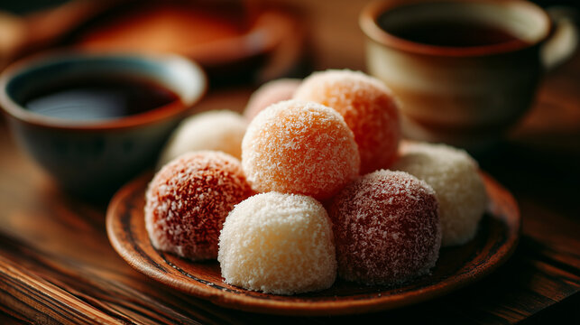 Traditional Japanese uiro mochi dessert on ceramic plate with cherry blossoms and tea &mdash; colorful sweet rice cakes for cultural, culinary, or zen lifestyle themes	