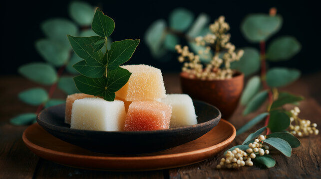 Traditional Japanese uiro mochi dessert on ceramic plate with cherry blossoms and tea &mdash; colorful sweet rice cakes for cultural, culinary, or zen lifestyle themes	