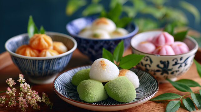 Traditional Japanese uiro mochi dessert on ceramic plate with cherry blossoms and tea &mdash; colorful sweet rice cakes for cultural, culinary, or zen lifestyle themes	