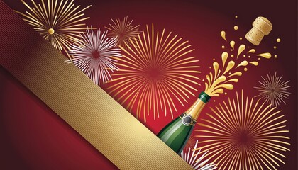Champagne bottle popping cork with colorful fireworks celebration background.