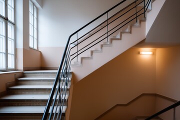 A sleek staircase with black railings, illuminated by natural light from large windows, showcasing modern interior architecture.