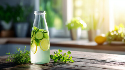 cucumber and lemon detox water in glass bottle on wooden table with herbs and sunlight, ideal for health blog visuals, wellness product ads, summer recipe cards, hydration campaign materials