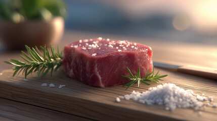 raw beef steak on wooden cutting board with rosemary sprig and coarse salt in warm natural light creating a high-detail culinary scene for food preparation cooking tutorials and gourmet recipe designs