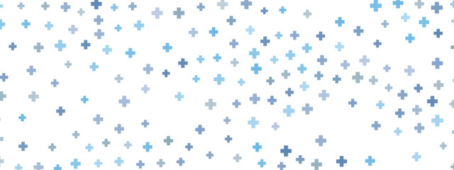  Medical cross pattern with blue and gray plus signs on white background. Healthcare symbol texture for hospital and pharmacy design templates.