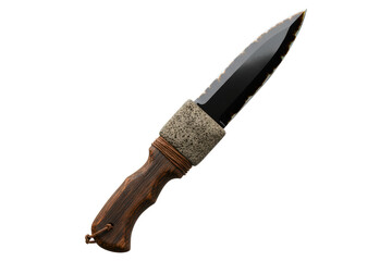 Primitive hunting knife with wooden handle and blade isolated on a transparent background