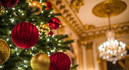 Luxury Christmas Tree Decor in Grand Hall with Gold Chandelier
