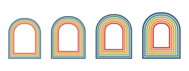  Groovy 70s arched frames with rainbow stripes and psychedelic borders. Retro funky doorway design perfect for vintage posters and nostalgic backgrounds.