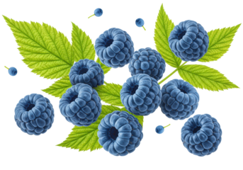 Plump, vibrant blue raspberries and lush green leaves, electric blue, fuzzy, dewy, floating on transparent background, macro, concept of natural freshness and vitality
