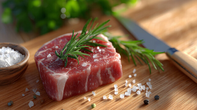raw beef steak on wooden cutting board with rosemary sprig and coarse salt in warm natural light creating a high-detail culinary scene for food preparation cooking tutorials and gourmet recipe designs - Powered by Adobe
