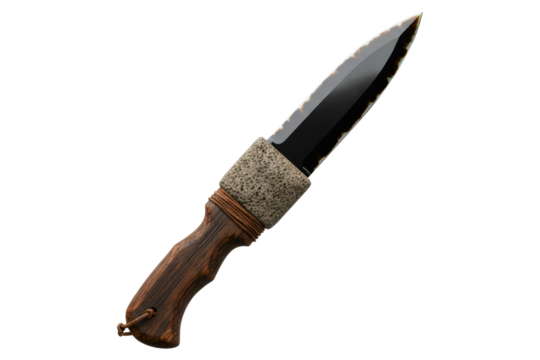 Primitive hunting knife with wooden handle and blade isolated on a transparent background