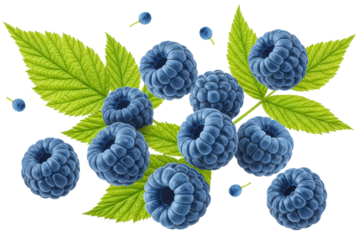 Plump, vibrant blue raspberries and lush green leaves, electric blue, fuzzy, dewy, floating on transparent background, macro, concept of natural freshness and vitality
