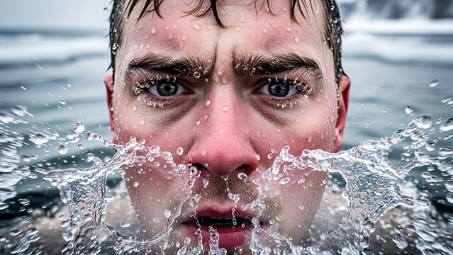 Close-up portrait of a determined man emerging from cold water with dynamic splashes, droplets clinging to his face and eyelashes, symbolizing resilience and vigor.