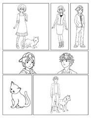 Fototapeta premium Black and White Cartoon Line Art of Kids and Pets