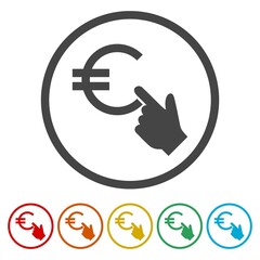 Hand on euro sign icon. Set icons in color circle buttons