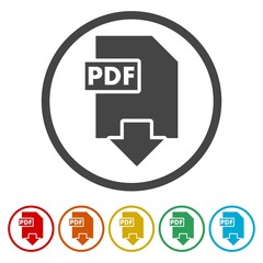 PDF file download icon. Set icons in color circle buttons