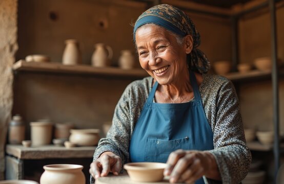 Happy senior african woman potter molds clay ceramic bowl. Elderly artisan works at pottery wheel in workshop. Handmade creation reflects creativity and retirement lifestyle. - Powered by Adobe