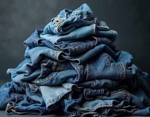 Pile of old worn jeans ready for circular economy recycling. Discarded denim clothing stack. Textile waste for eco friendly reuse repurposing. Sustainable fashion concept to reduce landfill trash.